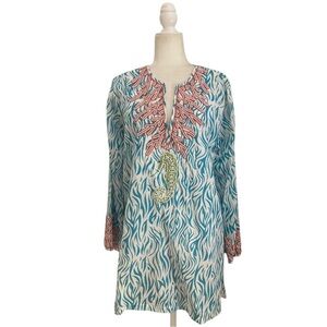 Barbara Gerwit Beaded Tropical Seahorse Coral Tunic Kaftan Coverup